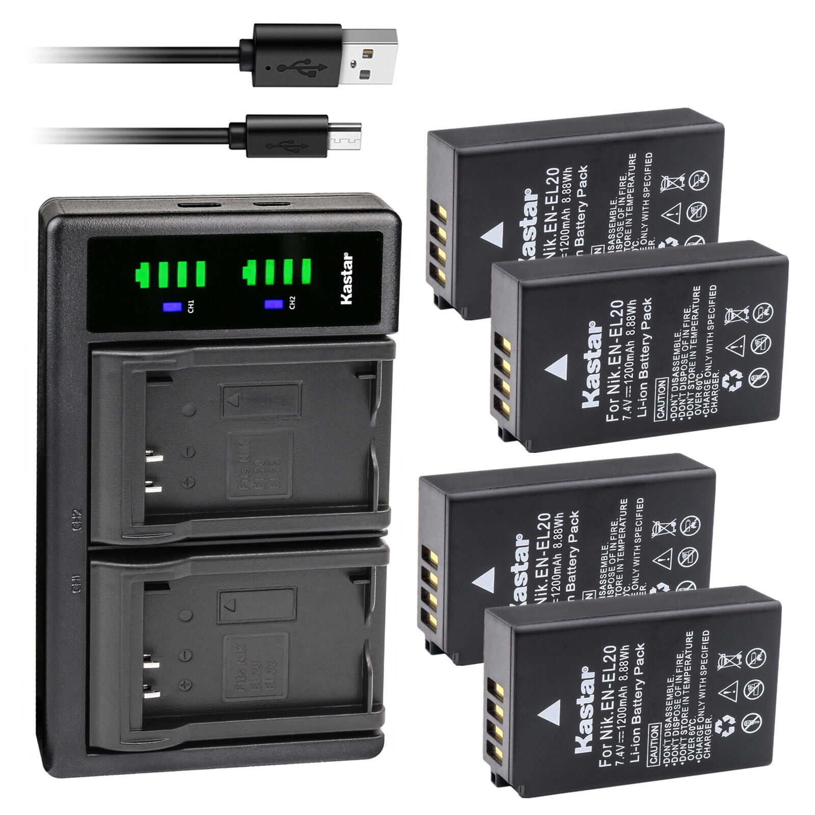 Kastar 4-Pack Battery and LTD2 USB Charger Replacement for Nikon EN-EL20 Nikon EN-EL20a Battery Nikon MH-27 MH-27a Nikon MH-29 MH-29a Charger Nikon DL24-500 Blackmagic Pocket Cinema Camera