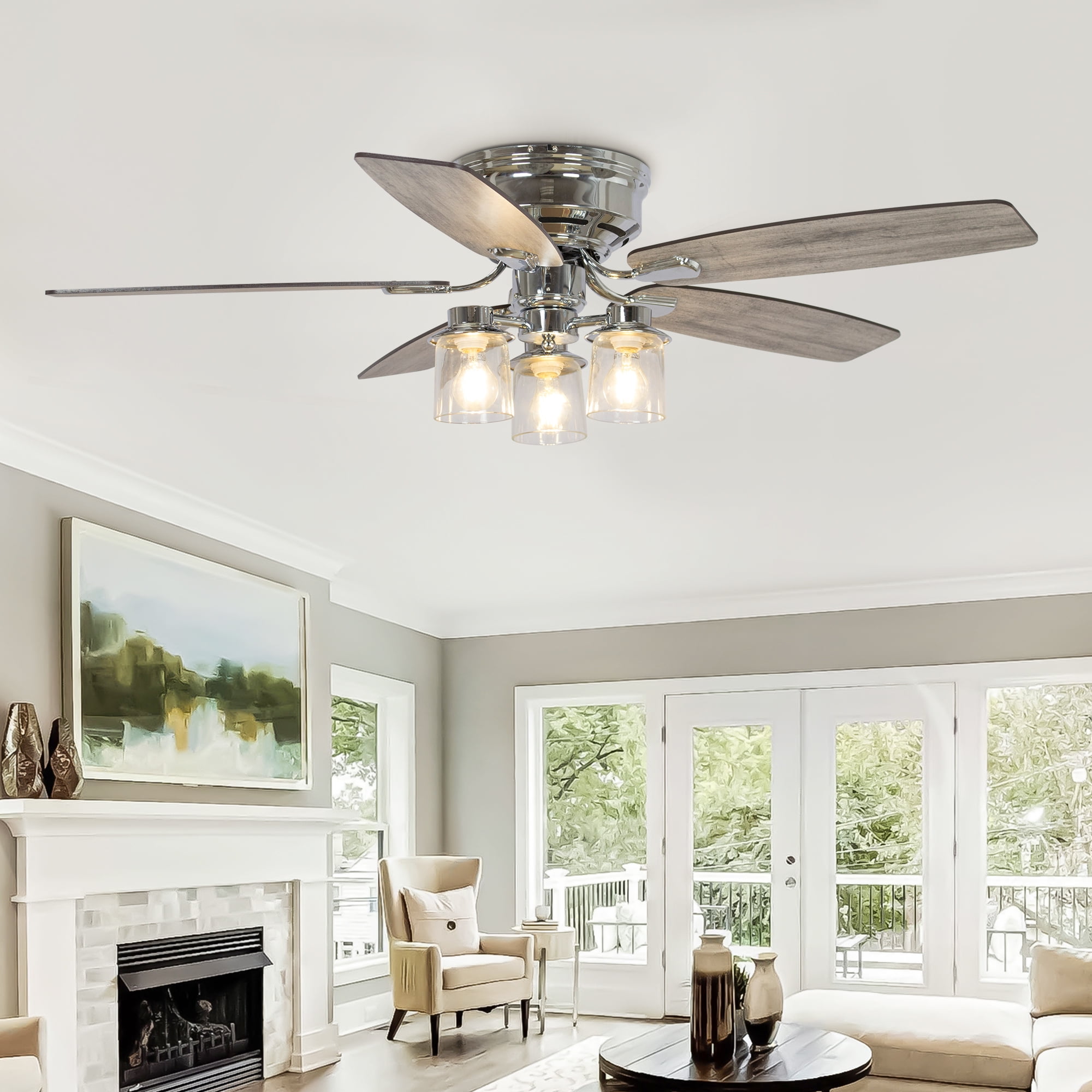 52" Modern Glass Shade Flush Mount Ceiling Fan with Remote and Light, Chrome Low Profile Chandelier Ceiling Fan