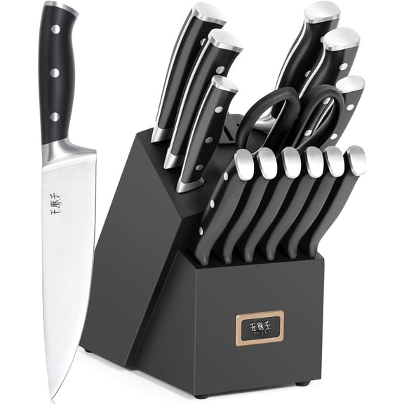 Set High Carbon Stainless Steel Forged Triple Rivet Handle Set for Kitchen Hundreds of of Masterful Craftsmanship(Black,15PCS)