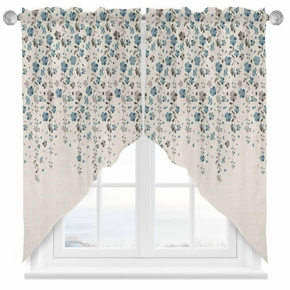 Flower Blue Swag Valances for Windows 2 Pack Grey Cherry Blossoms Cotton Linen Background Swag Kitchen Curtains 36 Inches Long Rod Pocket Short Window Treatment for Kitchen Bathroom 28"x36"