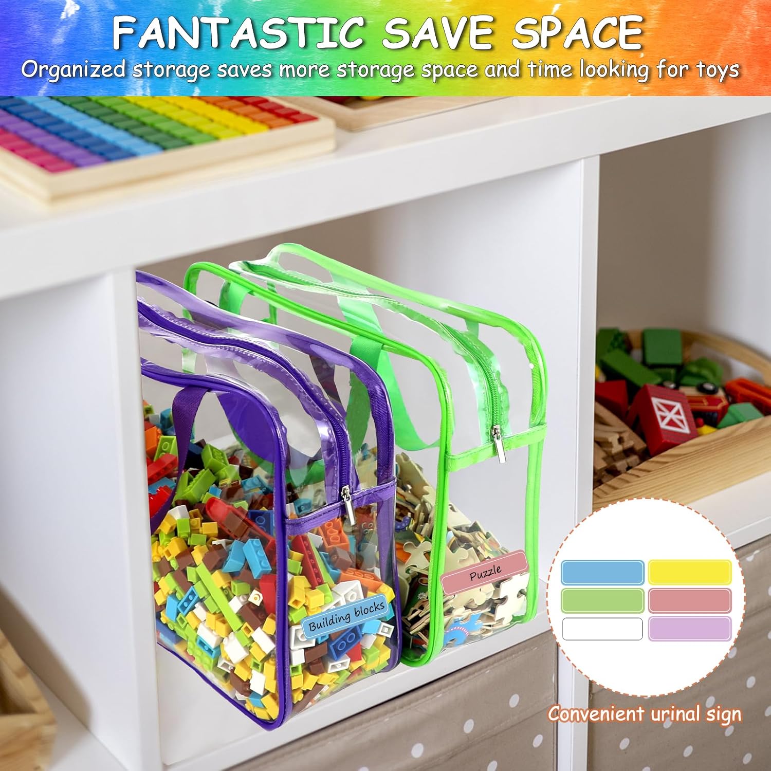 Januofit Auckpure 6 Pcs Large Toy Storage Bags with Labels, Reusable Clear PVC Board Game Storage, Travel Waterproof Organizer Bags with Zipper for Building Blocks, Puzzle, Kids Books（6 Colors）