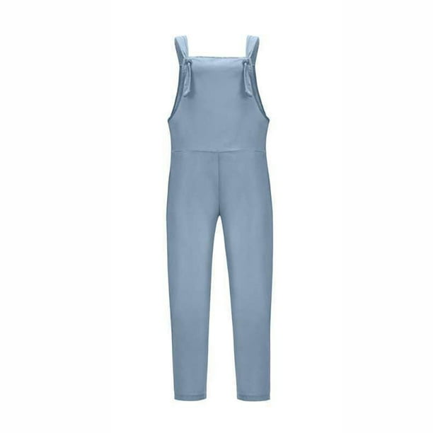 Dianli Overalls Women Square Neck Sleeveless Jeans Solid Summer Pants  Adjustable Bandage Fashion Pocket Casual Long Jumpsuits Light Blue l