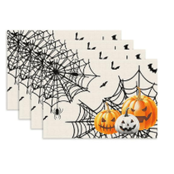 Halloween Placemats Set of 4, Scary Pumpkin Head Heat Resistant Table Mats, Durable Polyester Wipeable Dining Decor for Indoor Outdoor Kitchen Party