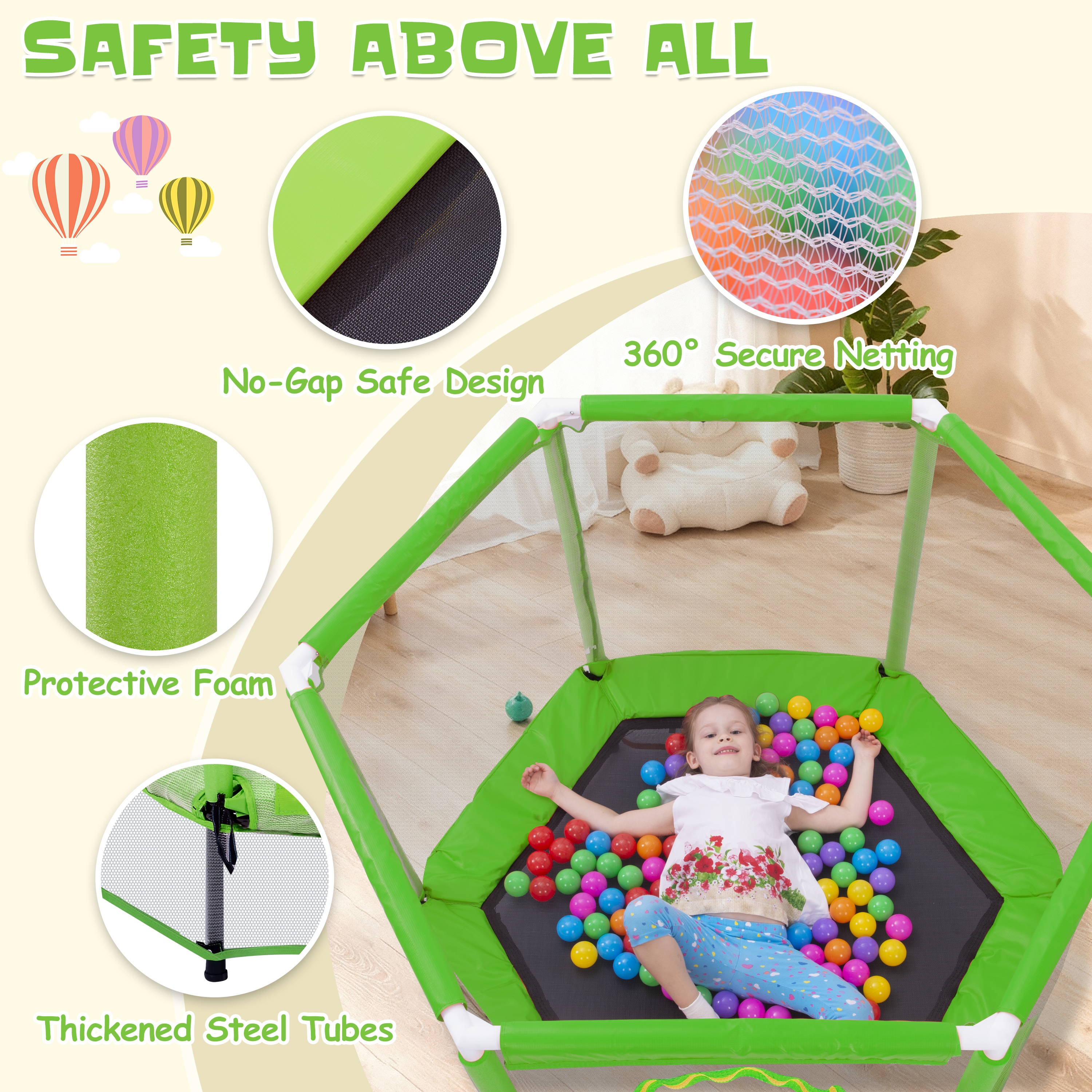 EUROCO 55" Mini Toddler Trampoline with Ocean Balls, No-Gap Design, Small Round Trampoline for Kids with Upper&Lower Safety Net