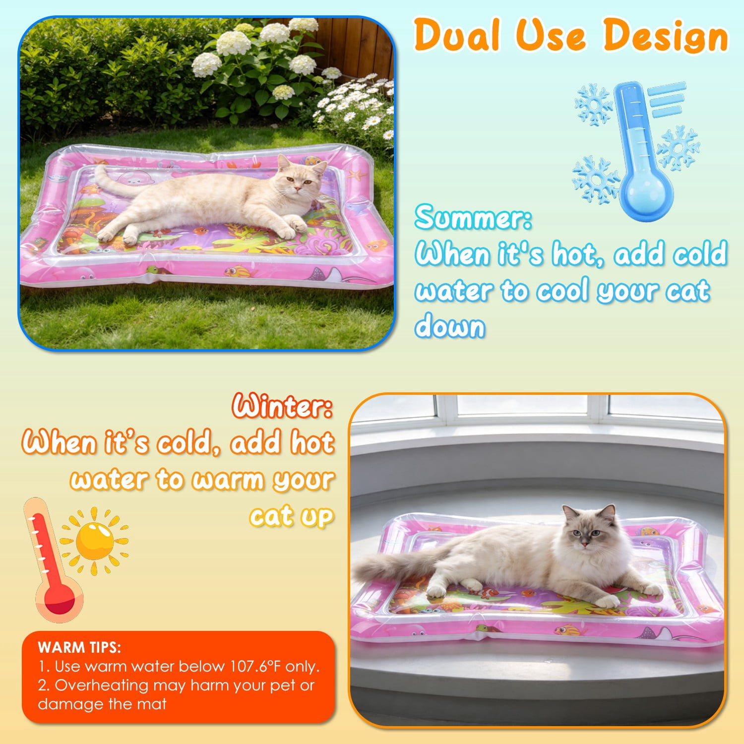 Imountek Thickened PVC Cat Water Mat Interactive Sensory Play Mat with LED Changing Light Floating Fish Toys for Indoor Cats Kittens, Blue