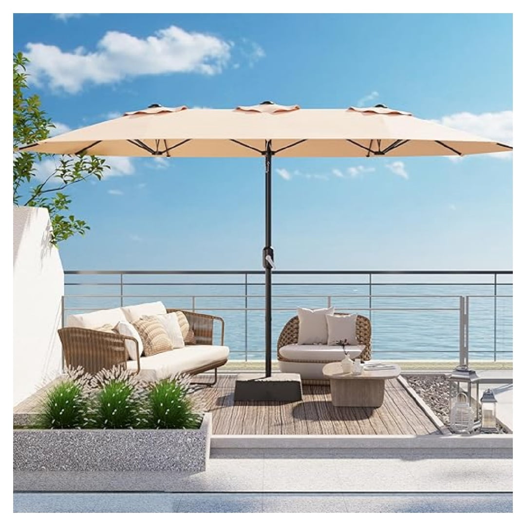 Heavy Duty 15FT Patio Umbrella with Weighted Base - Double-Sided Sun Shade for Outdoor Dining, Poolside, Backyard (Crank Handle, UV Blocking Fits 2-8 People)