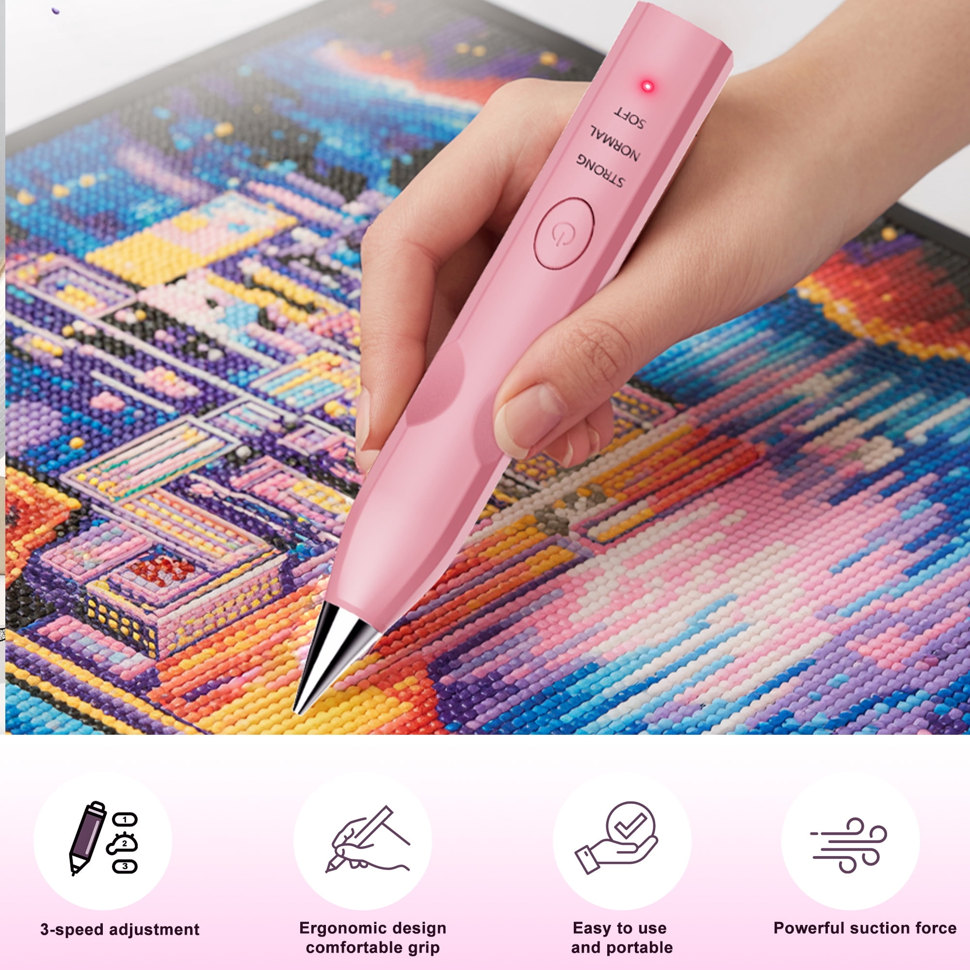 Diamond Painting Pen with Vacuum Pump, No Wax Needed, Lightweight Design, 3 Adjustable Suction Mode & Rechargeable, DIY Diamond Art Accessories and Tools(Pink)
