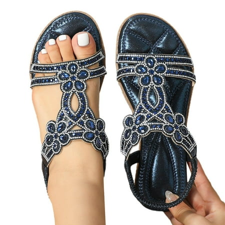 

ZIZOCWA Rhinestone Sandals for Women Elastic Ankle Strap Casual Cute Comfortable Sandals Pu Leather Open Toe Bohemian Wedge Sandalias Dark Blue Size9