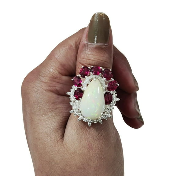 Pink Tourmaline & Opal Ring, Natural Pink Tourmaline & Opal Ring, October Birthstone, 925 Solid Silver, Womens Ring, Cluster Halo Ring, Minimal Ring, Statement Jewelry, Anniversary Gift, Wedding Ring