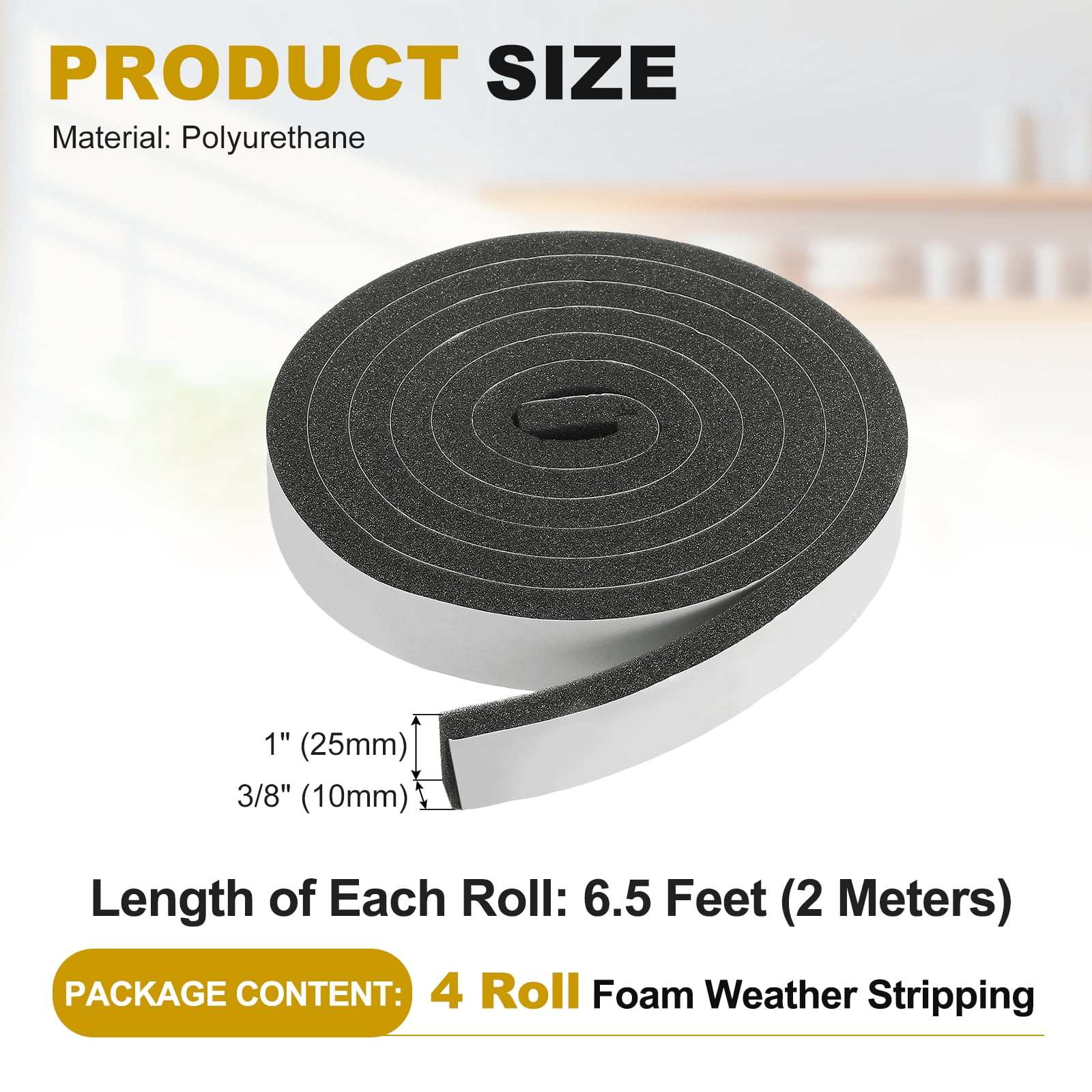 Weather Stripping Door Seal, 4 Rolls 1" x 3/8" Adhesive Foam Tape Seal Soundproof Insulation Strips for Door Frame Window Gaps (26 Feet Total, 6.5 Feet/Roll)