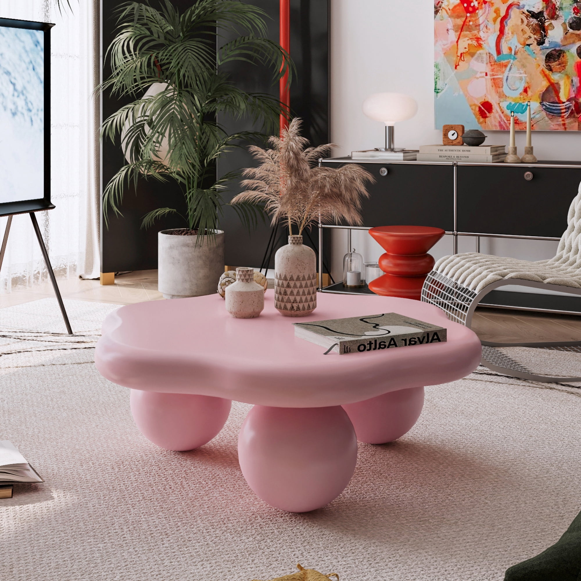35" Cloud Shaped Coffee Table, Petal-Shaped Modern Minimalist Coffee Table with Spherical Legs, Kid & Pet Friendly Space Saving Center Table Tea Table for Small Apartment
