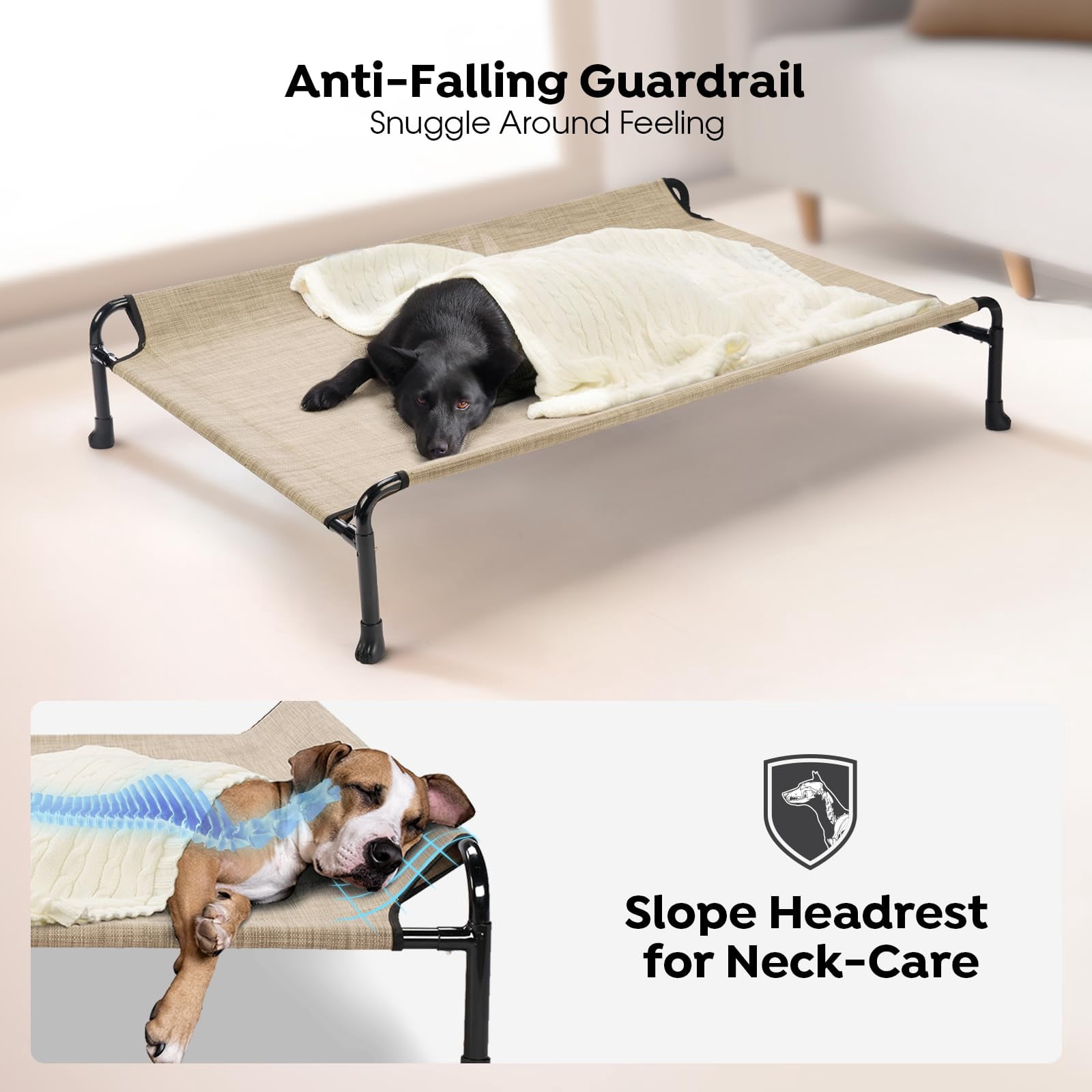 Elevated Dog Bed  Raised Cots For Large Dogs Waterproof Outdoor Pet Hammock With Guardrail Upgraded Non-slip Feet Breathable Teslin Mesh Beige Coffee 41x 27 Inches