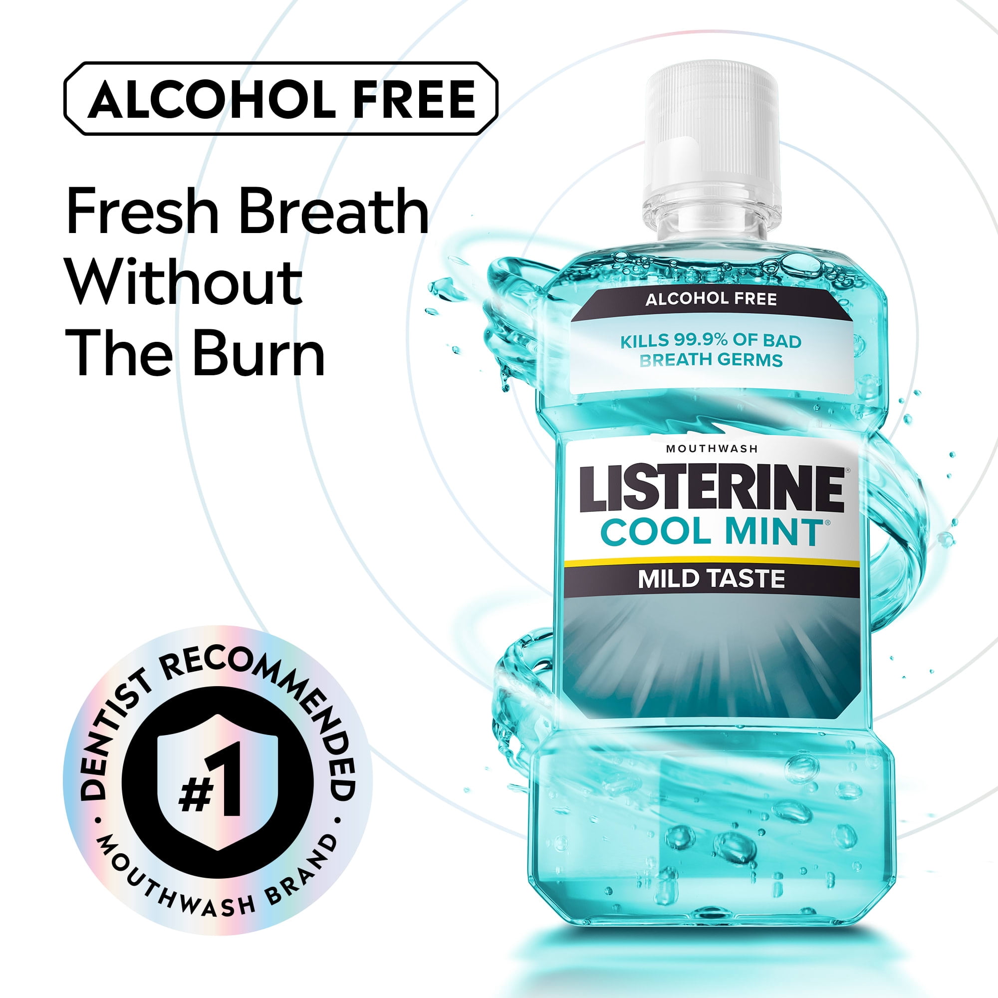 (3 pack) Listerine Cool Mint Alcohol Free Mild Oral Care Mouthwash for Bad Breath, Cool Mint Mild, 1.5 L