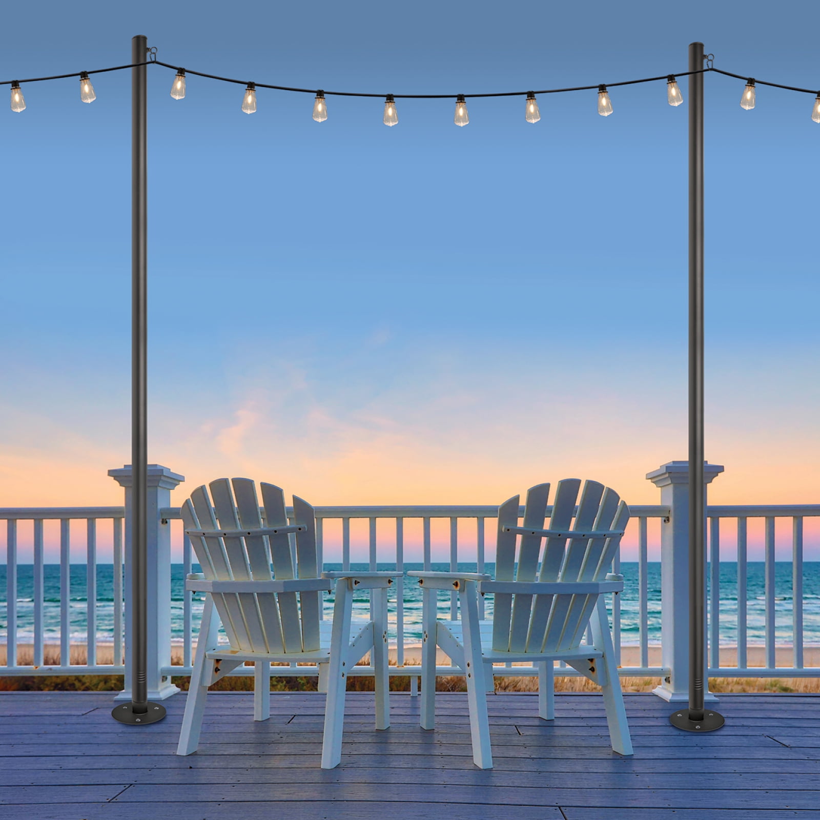 Excello Global Products Premium String Light Pole 4 Pack with 100' of LED Edison Bulb String Lights (Deck Mount)
