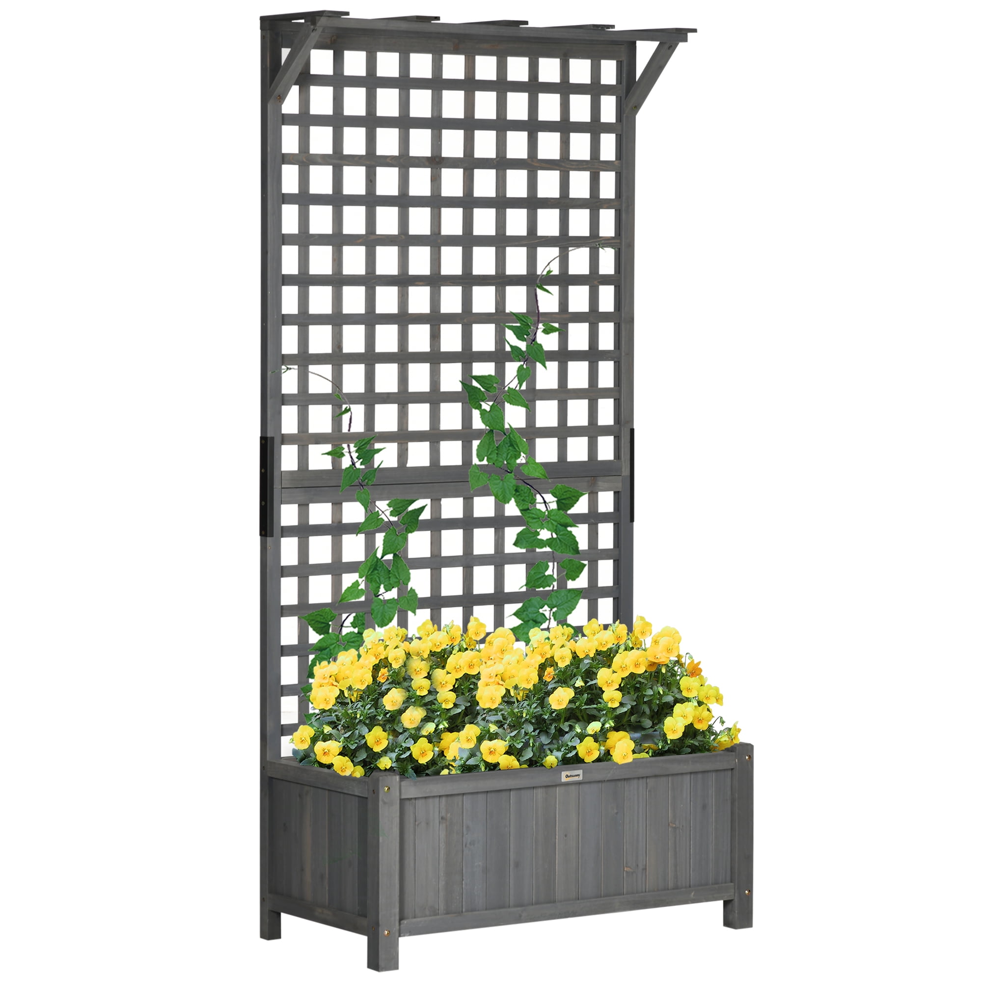 Outsunny Wood Planter with Trellis, Raised Garden Bed for Climbing Plants with Drainage Holes and Roof, 35.5" x 17.75" x 72", Gray