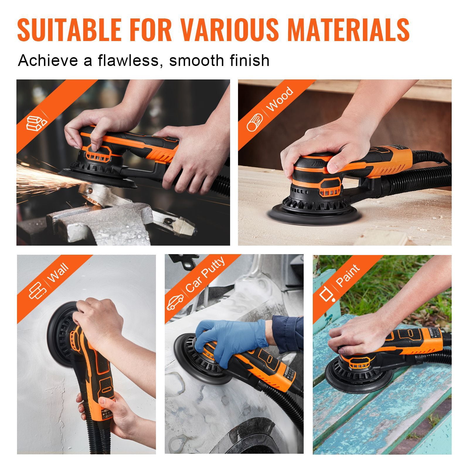 Random Orbital Sander 6 Inch 350W Brushless 6 Speeds 4000-10000 RPM for Wood Metal Paint