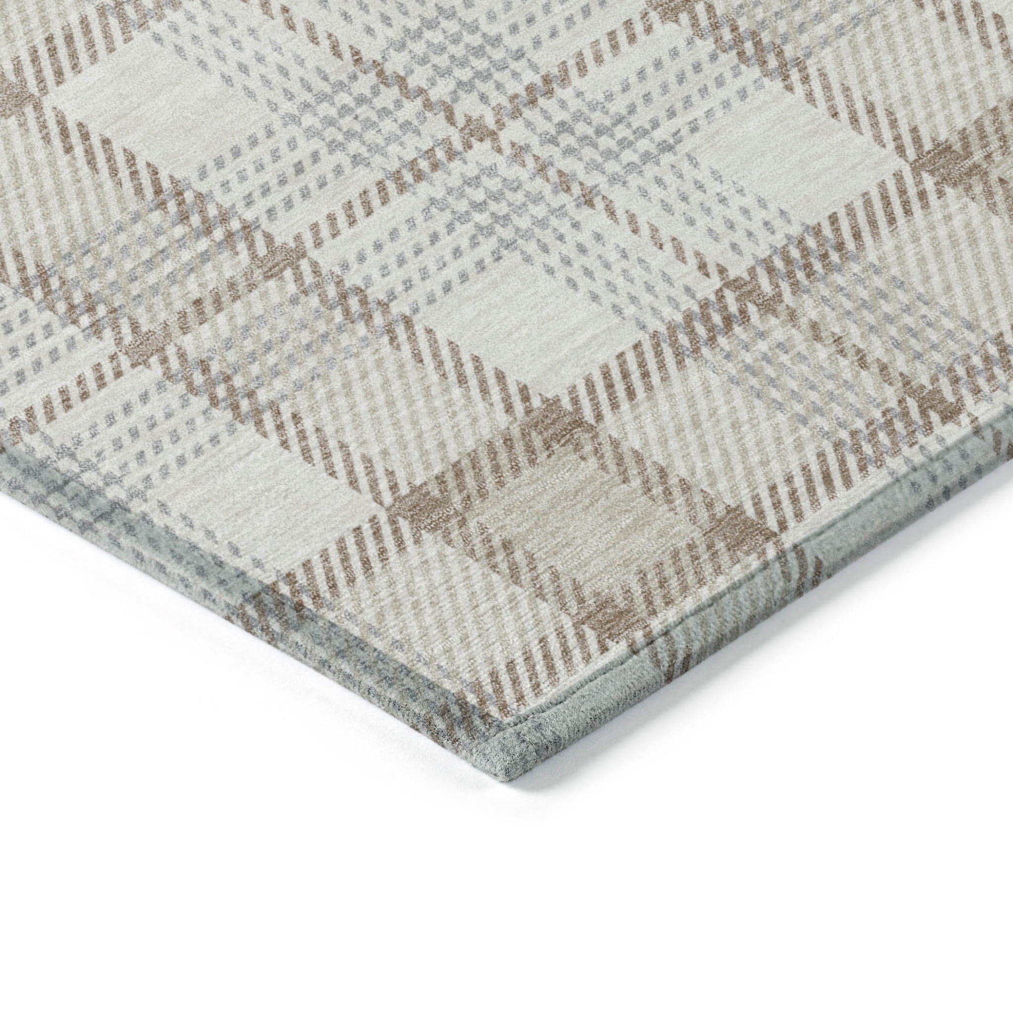 9' X 12' Linen And Brown Plaid Washable Indoor Outdoor Area Rug