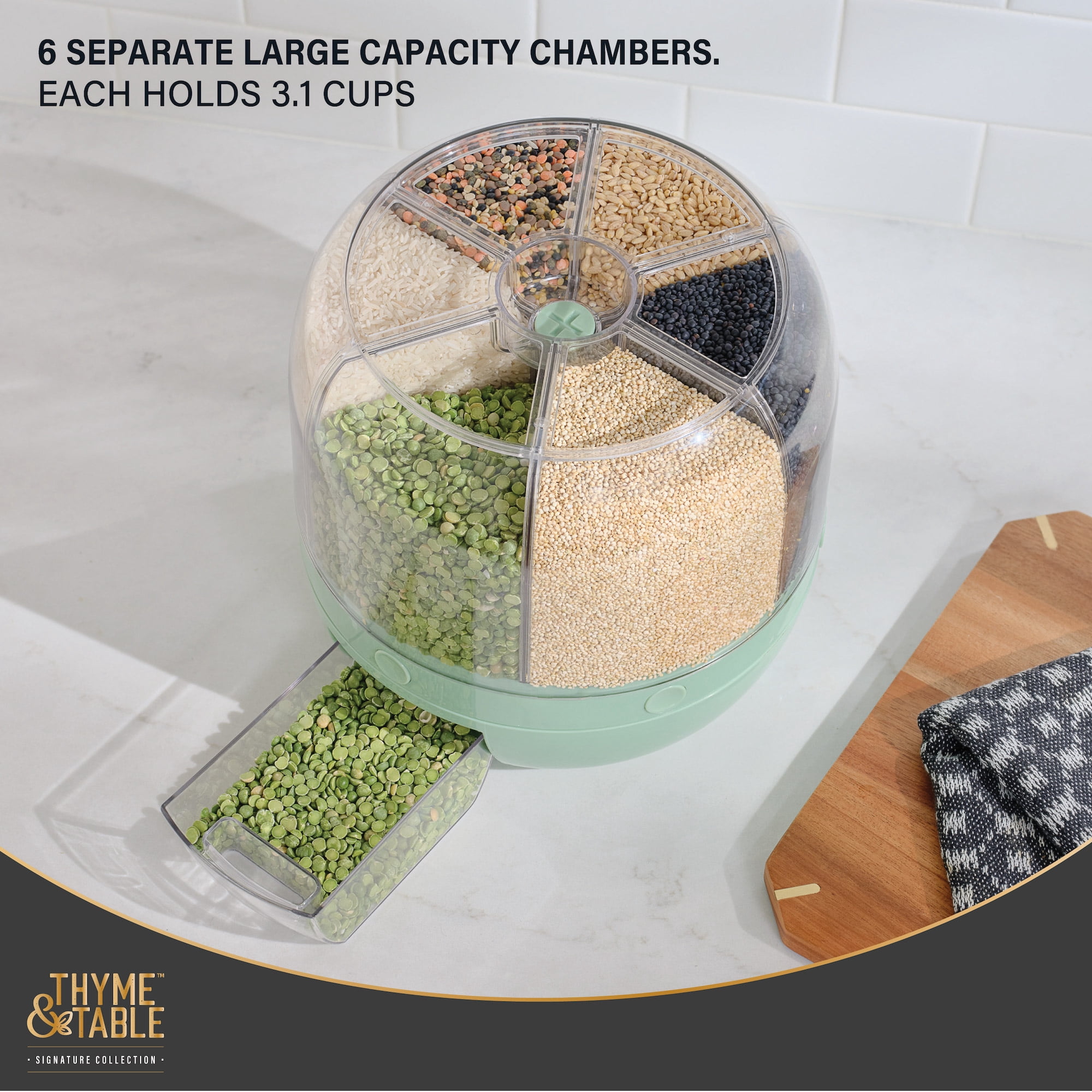 Thyme & Table 6 Section Rotating Plastic Food Storage Dispenser with Removable Drawer, Green