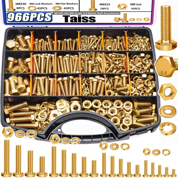 966pcs Grade 8.8 Metric Bolt Assortment,Metric Bolts and Nuts Assortment,Bolt Kit M4 M5 M6 M8(12-30mm) Heavy Duty Hex Bolts and Nuts Kit Flat/Lock Washer Yellow Zinc Plated,with Handheld Box