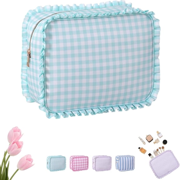 Ruffle Pouch Bag, Gingham Ruffle Cosmetic Bag, Adorable Large Travel Makeup Bag for Women, Toiletry Organizer (1PCS*Green)