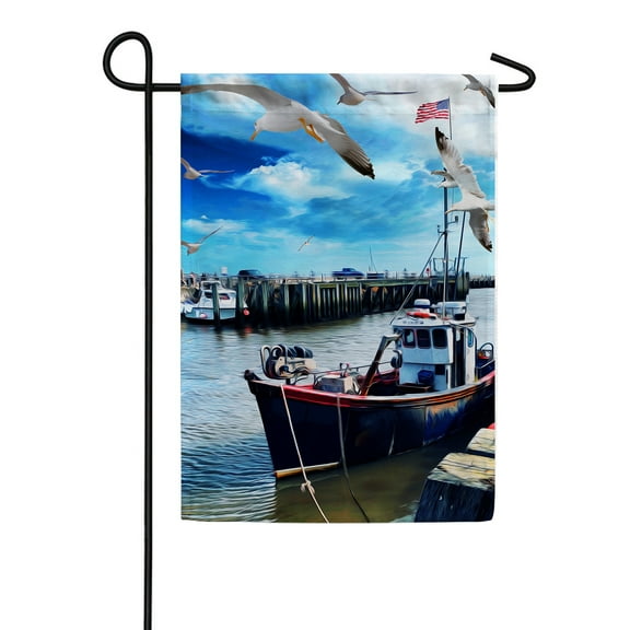 America Forever River Dock Fishing Boat Summer Garden Flag 12.5 x 18 inches Lake Pool Patriotic US Flag Double Sided Summer Seasonal Yard Outdoor Decorative Nautical Seagulls Garden Flag