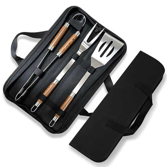 4-Piece Stainless Steel BBQ Grill Tools Set, Wood Grain Handle Barbecue Spatula, Fork and Tongs with Carry Bag for Camping and Backyard Cooking