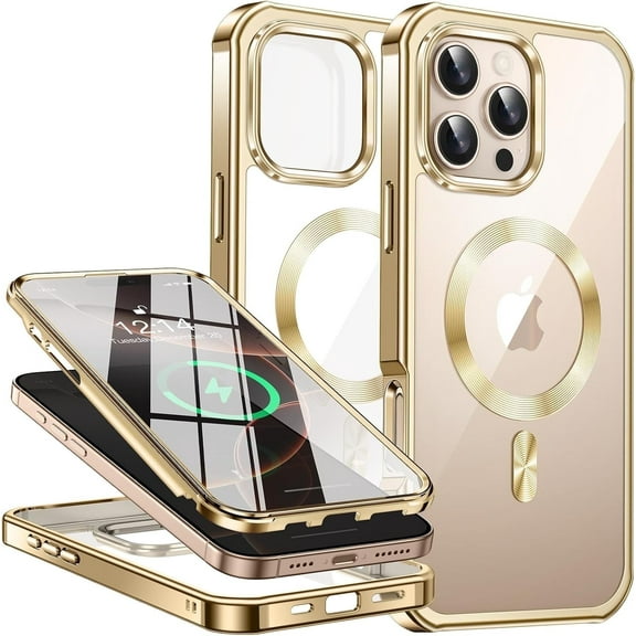 JETeacka iPhone 16 Pro Max Case MagSafe Compatible 360 Full Body Rugged Built-in Touch Sensitive Screen Protector Anti-Scratch Clear Case, Luxury Gold