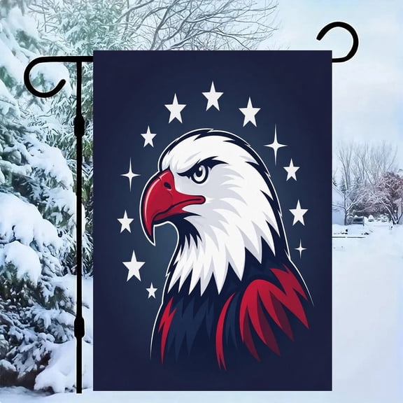RKSupls Patriotic Linen Double Sided Garden Flag, Independence Day Themed Yard Decor, Eagle Head Logo Stars Dark Outdoor Banner for Holiday Lawn