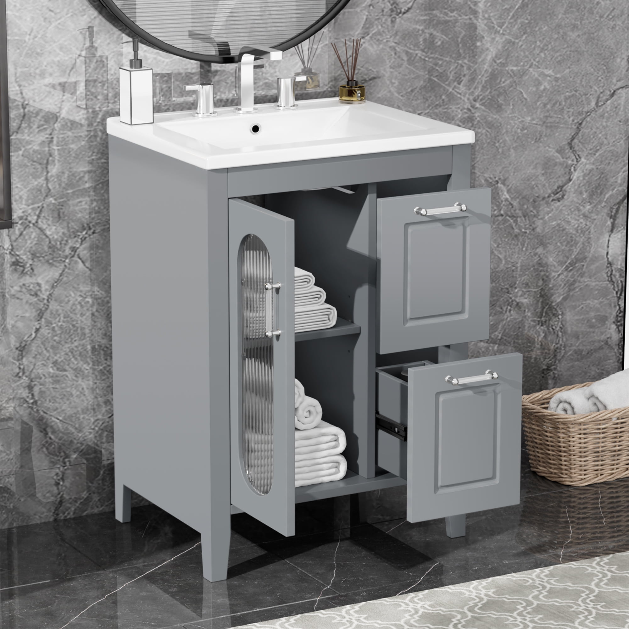 Harper & Bright Designs 24" Small Bathroom Vanity Sink Combo with Drawer , Wood Bathroom Floor Cabinet with Doors and Adjustable Shelf, Grey