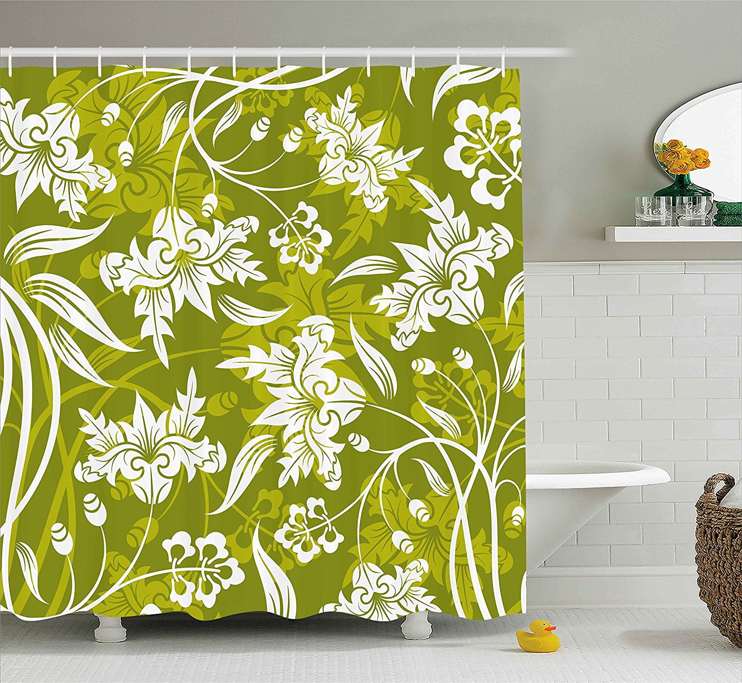 Floral Shower Curtain by , Flourishing Flower Pattern on Green Background Nature Illustration