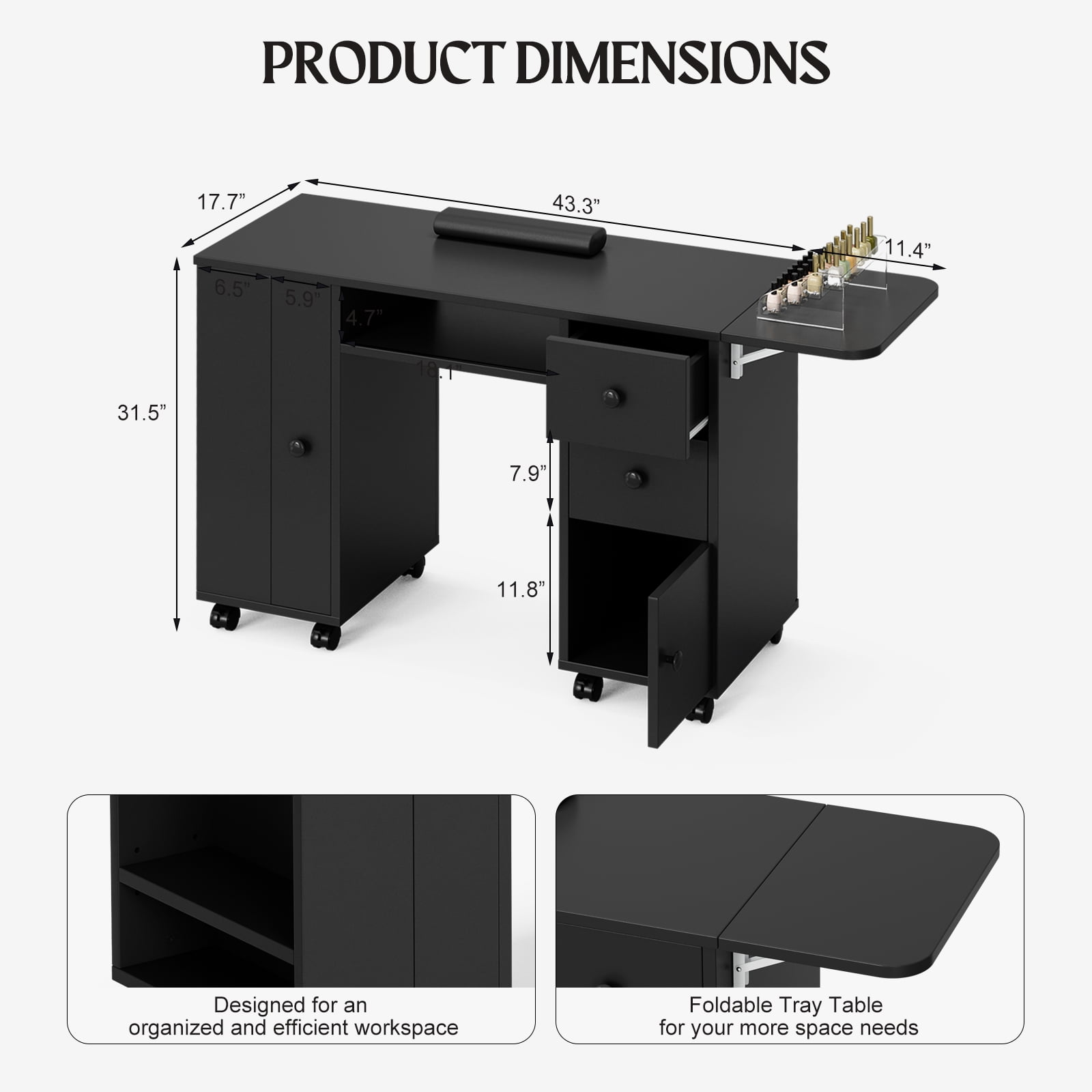 Manicure Station with Storage Drawers and Cabinet, Nail Tech Table with Foldable Tabletop, Nail Station with Lockable Wheels, Wrist Cushion, Nail Organizer & Foldable Trash Rack(Black)