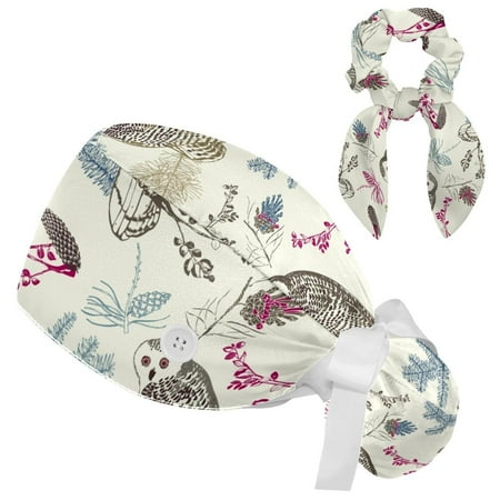 

Working Cap with Buttons and Sweatband Scrub Hat Bouffant Caps with Scrunchie Owl Tie Back Hats