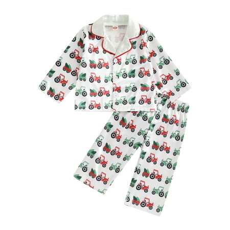 

Suealasg Toddler Boy Satin Pajamas Outfits 6M 1T 2T 3T Long Sleeve Tractor Print Button-Down Shirt +Pants 2Pcs Loungewear Sleepwear Set