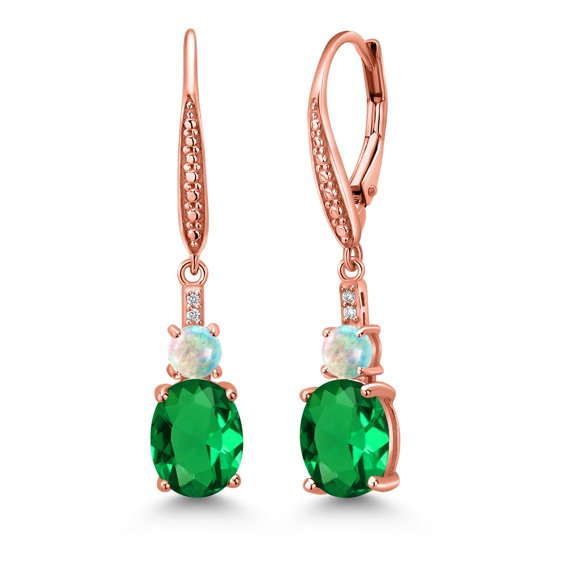 Gem Stone King 18K Rose Gold Plated Silver Green Nano Emerald and White Opal Dangle Earrings for Women with Lab Grown Diamond (3.53 Cttw, Oval 9X7MM)