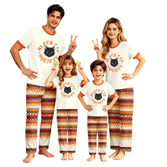Onlypjs Family Halloween Pajamas Matching Sets, Black Cat Graphic Sleepwear with Printed Pants, Festive Holiday Outfit for Family Gatherings