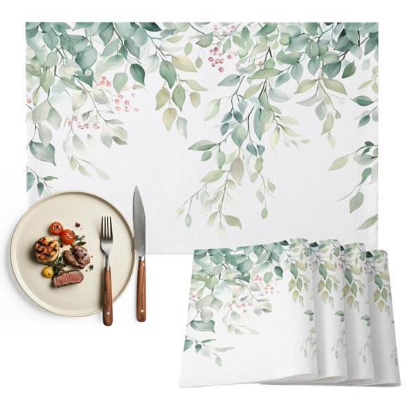 Eucalyptus Leaves Farmhouse Placemats Set of 4, Spring Botanical Washable Wipeable Table Mats for Dining Tables, Indoor Outdoor Kitchen Place Mats for Holiday Party Table Decor