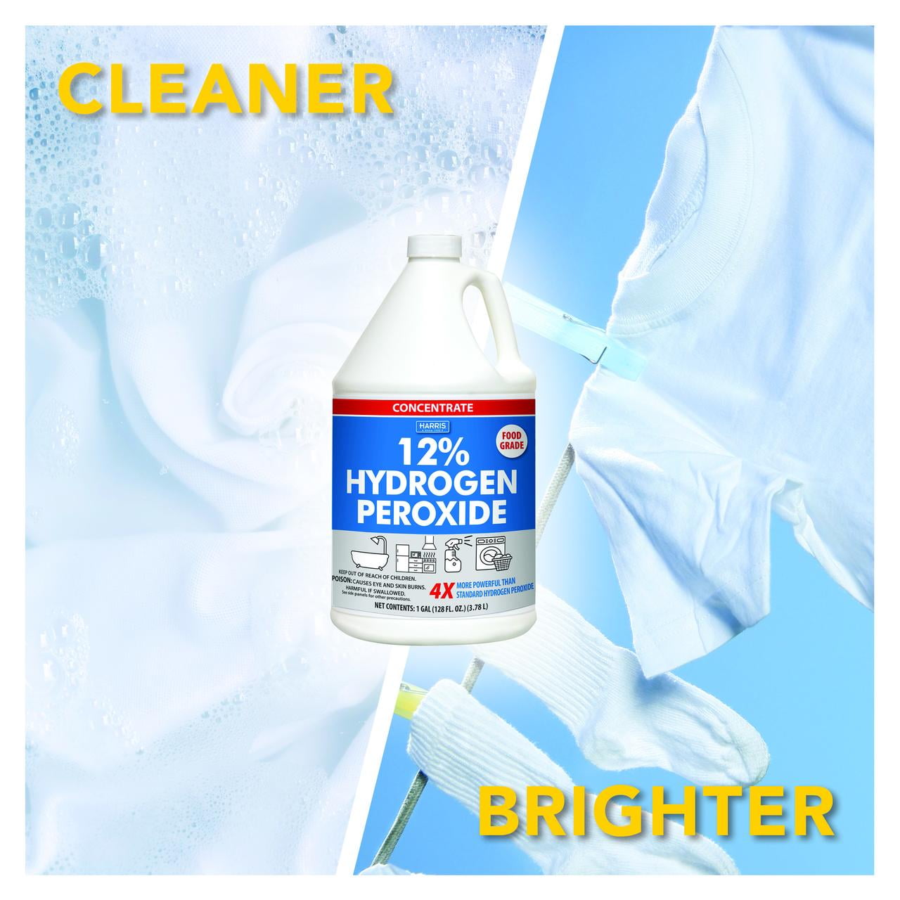 HARRIS 12% Concentrated Hydrogen Peroxide, 128oz, for Kitchen, Bath, Laundry, Home and Garden with Easy Fill Funnel