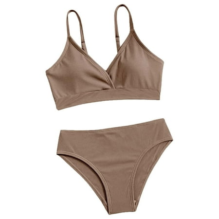 Girls Swimsuit 2 Piece High Waisted Spaghetti Strap Bikini Set Ribbed Solid Bathing Suit Beach Sport Girls  Swimwear Brown 8-10 Years