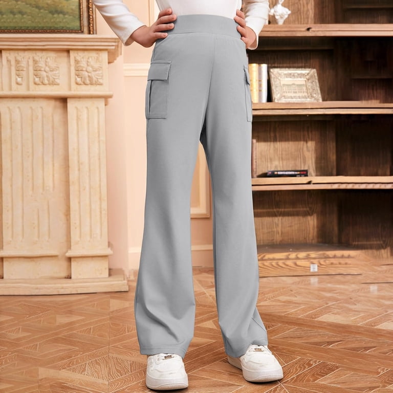 TrendOFT Grey Girls Flare Dress Pants Kids School Uniform Bell Bottoms with  Elastic Waist for Teens 11-12 Years