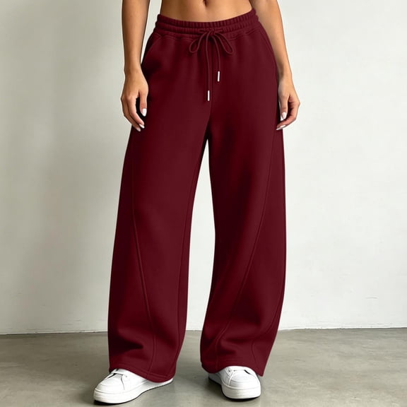 Nfurl Women's Barrel Sweatpants Drawstring Elastic Waist Wide Leg Baggy Sweatpant with Pockets Fall Winter Trendy Casual Going Out Sweat Pants Trousers Wine,XXL