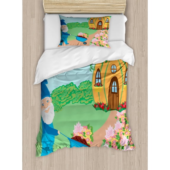 Gnome Duvet Cover Set Twin Size, Elf Gardening Outside of His Magic House in Forest Dreamland Print, Decorative 2 Piece Bedding Set with 1 Pillow Sham, Green Pale Blue Baby Pink, by Ambesonne
