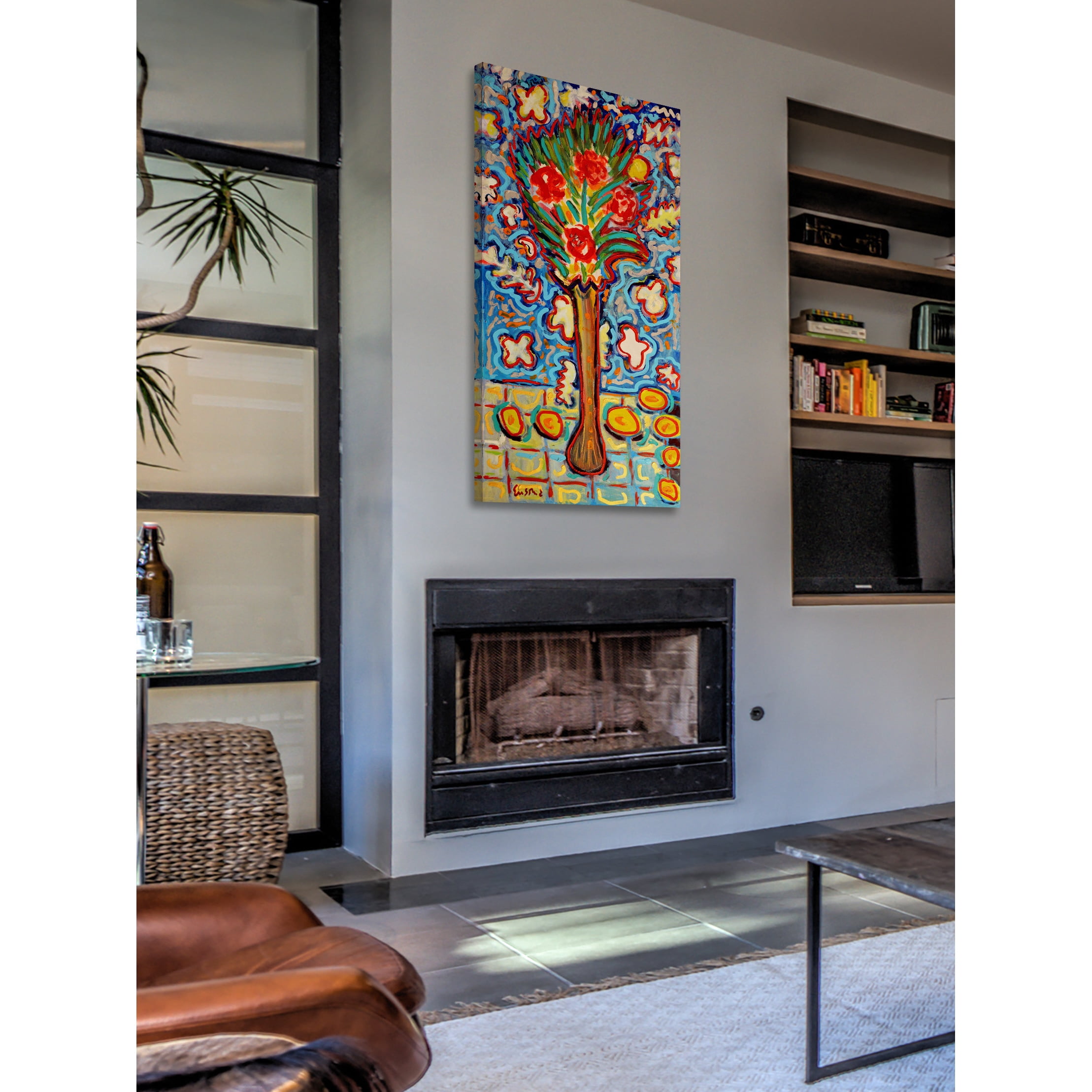 MARMONT HILL  - 'Roses in Long Vase' by Michael Woodward Painting Print on Canvas - Multi-Color 12 x 24