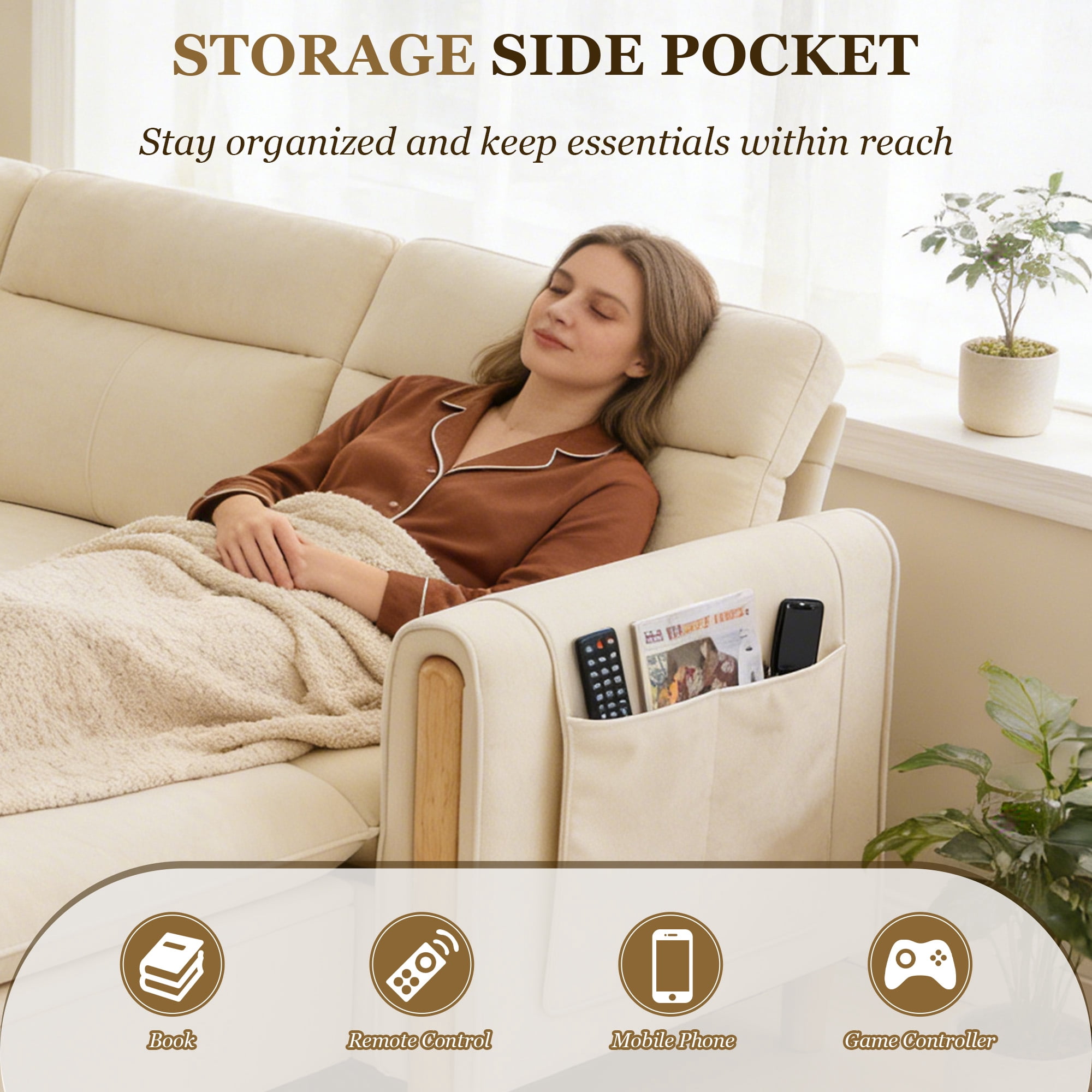 MOONMISS 3-Seater Chenille Sectional Sofa with Storage Ottoman & Side Pocket Convertible Chaise Lounge for Living Room,Beige