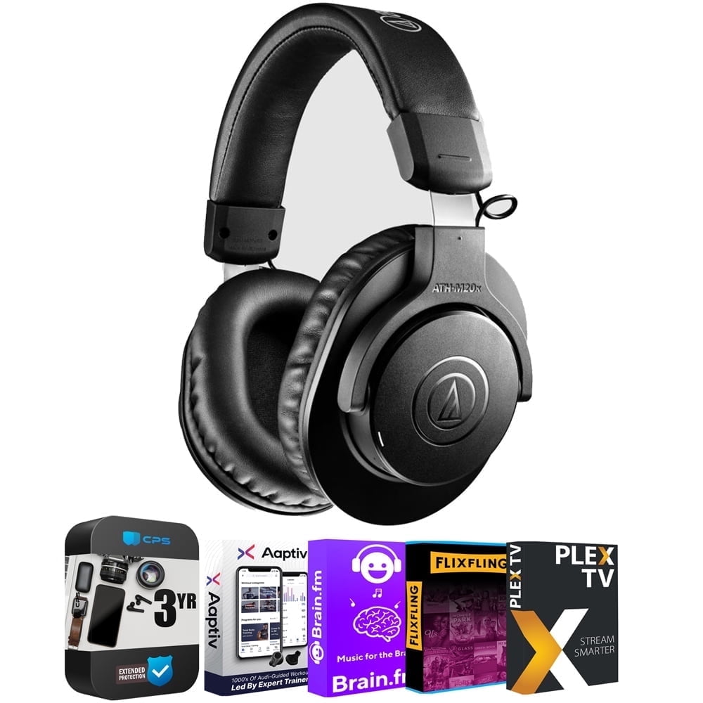 Audio-Technica ATH-M20xBT M20x Bluetooth Wireless Professional Monitor Headphones Bundle with Tech Smart USA Audio Entertainment Essentials Bundle 2020 + 3 Year CPS Enhanced Protection Pack
