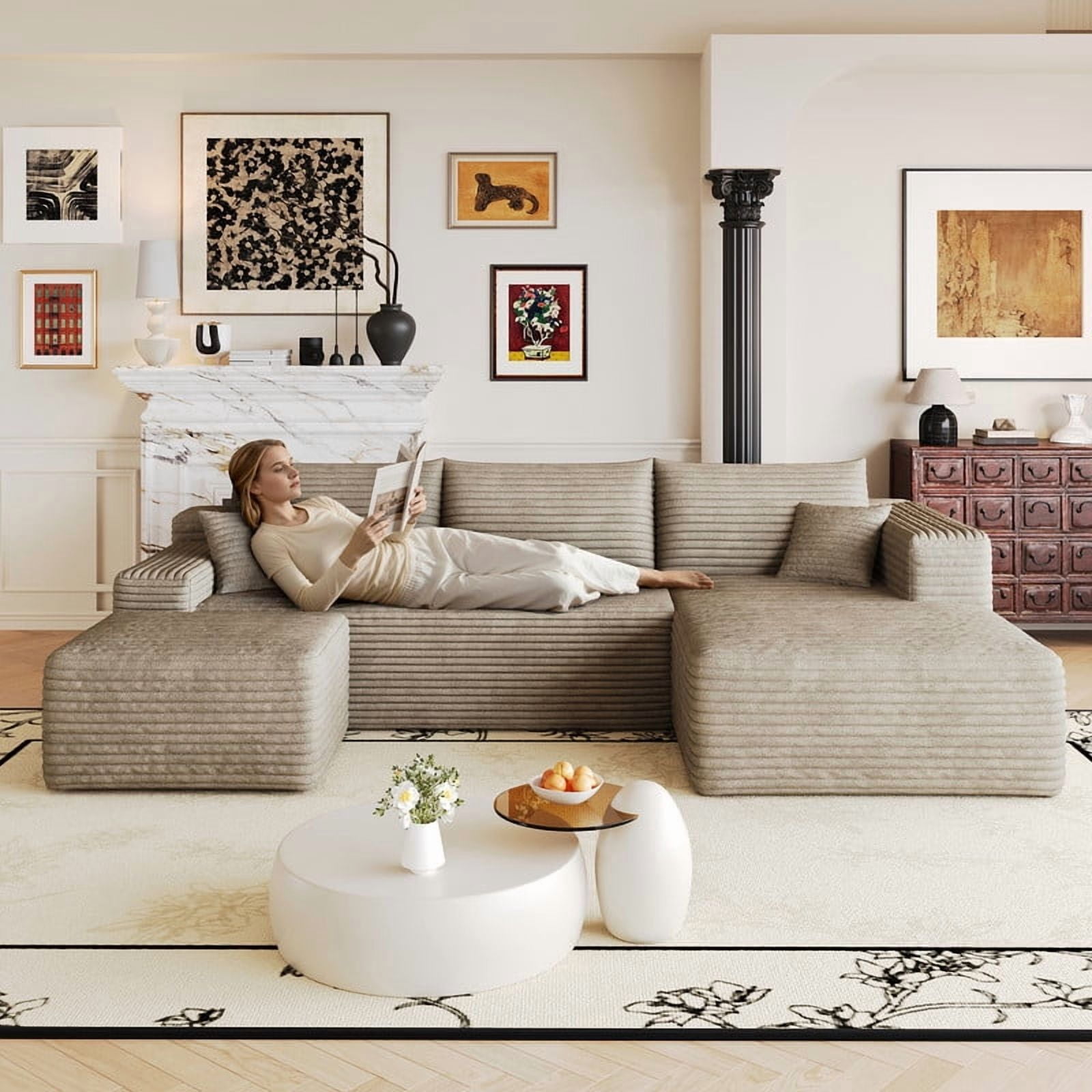 103" U Shaped Cloud Sectional Sofa with Ottoman, Modern Modular Corduroy Fabric Couch with Deep Seat and Chaise, Minimalist Upholstered Corner Sofa for Living Room, Apartment, No Assembly Required