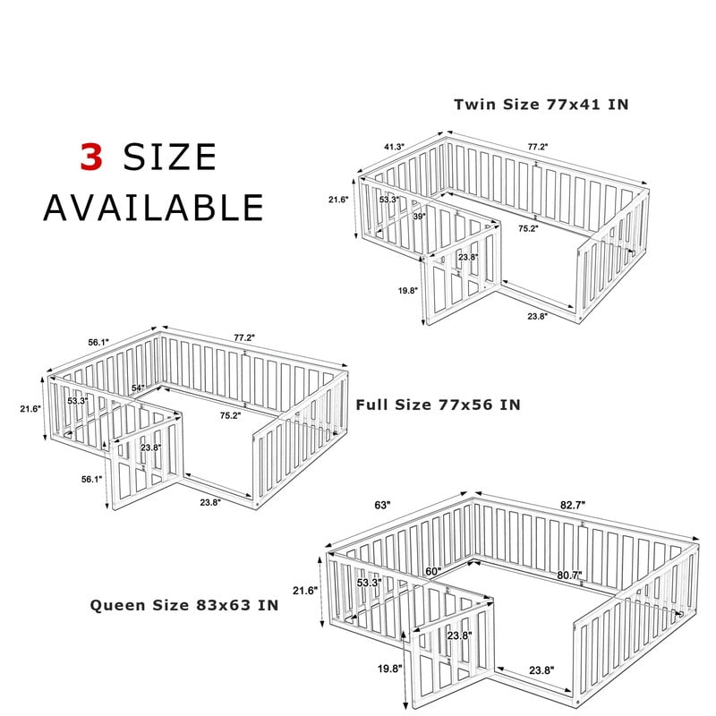 Full Size Wood Floor Bed with Door & Fence, Montessori Bed Frame with Full Length Safety Guardrails, Wood Full Bed with Slats, -No Box Spring NeededGray