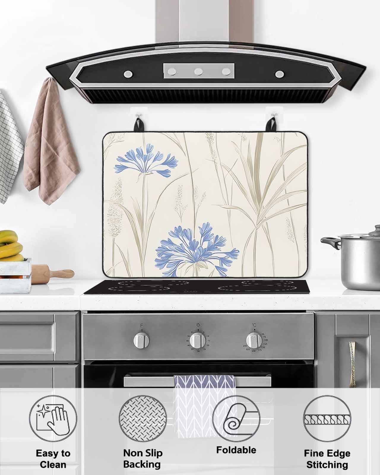 nqOlkjepod Large Induction Cooktop Protector Mat 24"x21", Blue Floral Leaves Stove Top Covers for Electric Stove, Beige Farmhouse Botanical Decorative Stove Burner Cover Mats, Glass Top Stove Cover