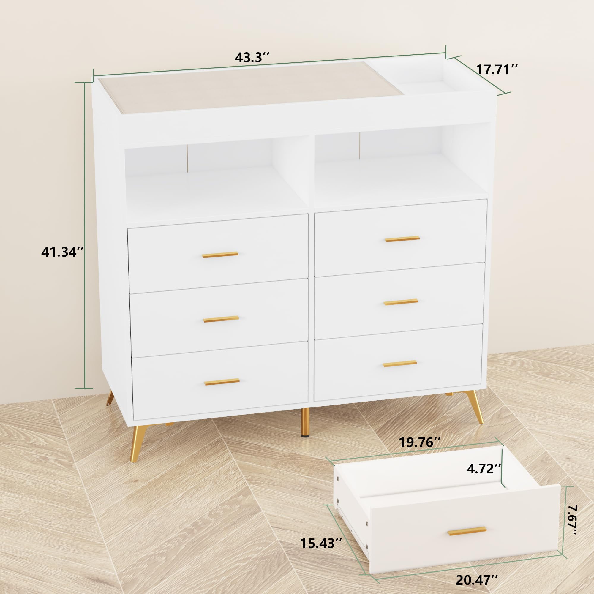 Accreate Dresser for Bedroom with 6 Drawers, Baby Changing Table Dresser with Changing Pad, LED Lights & Charging Station, Baby Changing Station with Changing Table Top