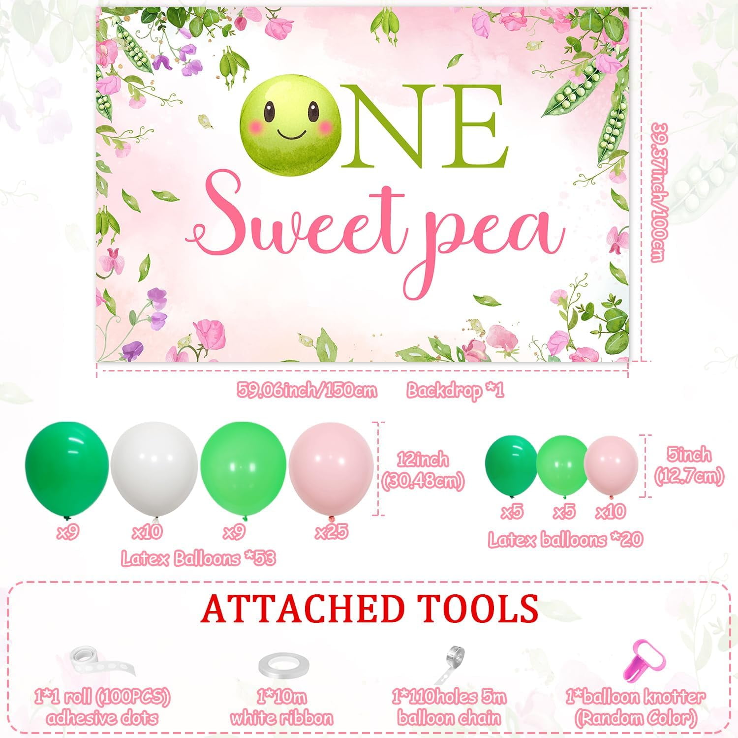Merrystorm One Sweet Pea Birthday Party Decor for Girls Sweet Pea Themed 1st Birthday Party DIY Garland Backdrop Kits with 1 Number 1 Foil Balloon and 73pcs Latex Balloon Pea First Party Supplies