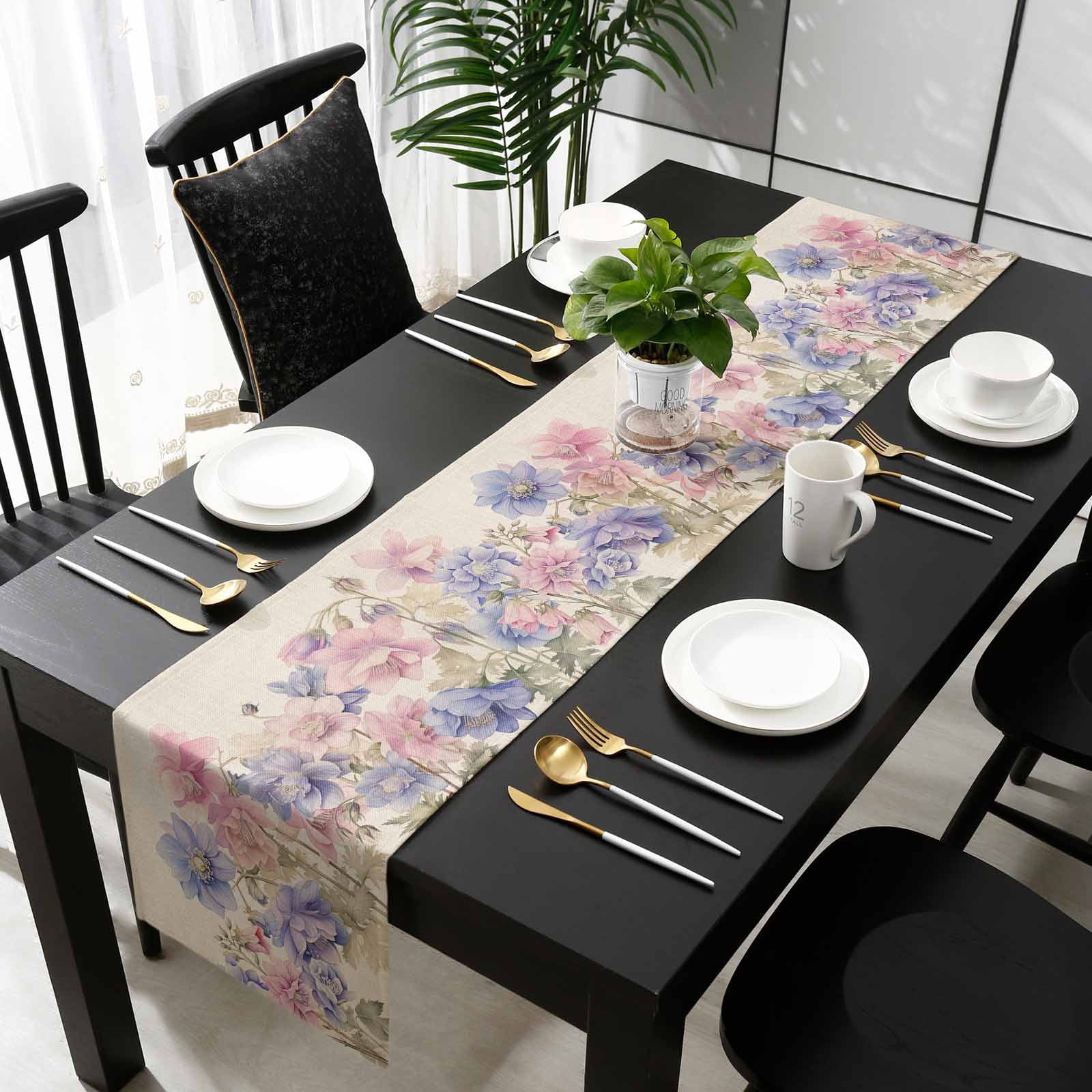 Pink Blue Spring Floral Table Runner 120 Inches Long, Rustic Summer Flower Botanical Kitchen Coffee Dining Table Decoration for Home Party Birthday Wedding Home Decor 13x120 Inches